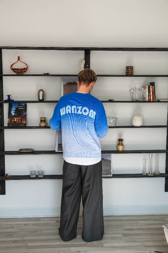 Person wearing a blue and white sweater with 'WANZOM' on it, standing in front of a bookshelf.